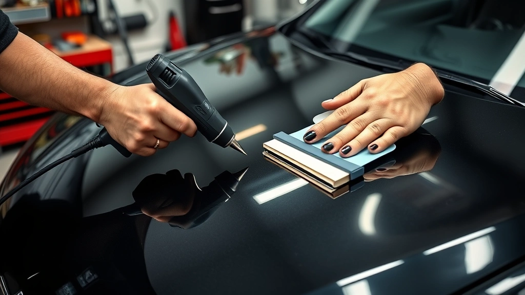 how much to wrap a car -
photorealistic hands applying vinyl wrap to car hood, installer using heat gun 