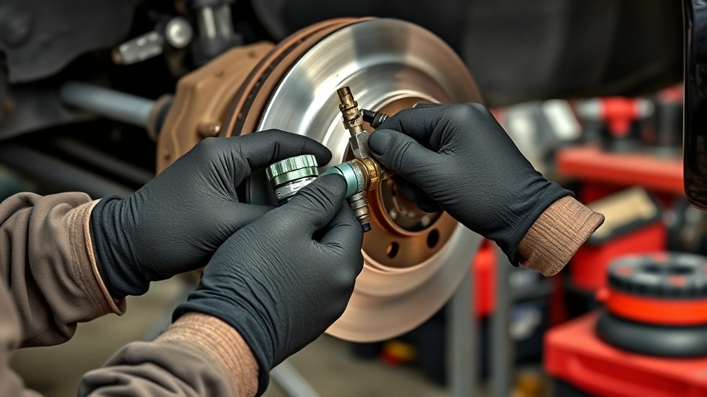 how often to change brake fluid -
Photorealistic hands using a brake bleeder kit on a car wheel, worker in mechan