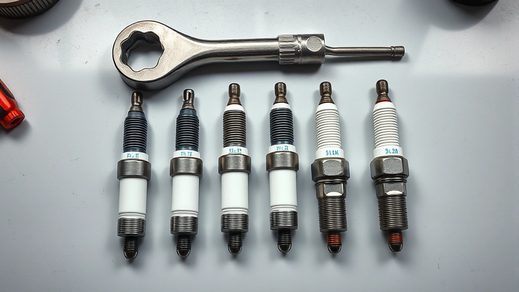 how often to change spark plugs -
Photorealistic overhead view of a complete set of four new spark plugs arranged