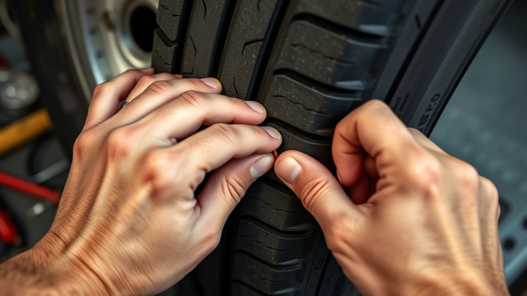 how often to change tires -
Photorealistic hands using a penny test on a car tire tread, workshop setting,