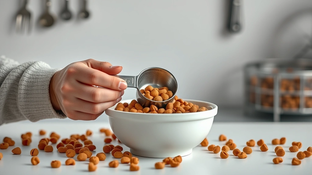 how often to feed a puppy -
Photorealistic hands measuring puppy food into metal measuring cup over ceramic