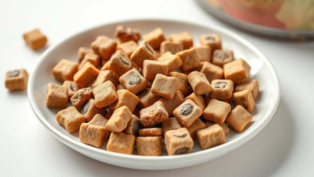 how often to feed a puppy -
Photorealistic close-up macro shot of high-quality puppy kibble pieces on white
