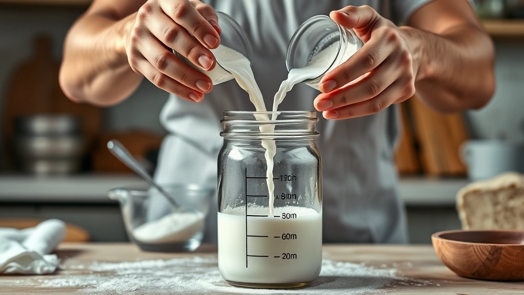 how often to feed sourdough starter -
Photorealistic hands pouring flour and water into sourdough starter jar, worksh