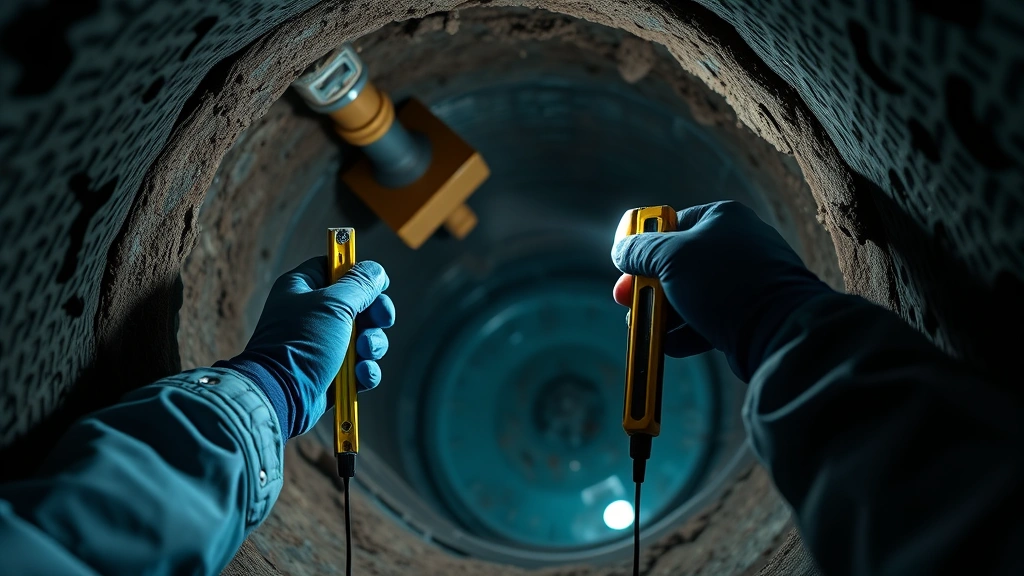 how often to pump septic tank -
Photorealistic hands of technician inspecting septic tank interior with flashli