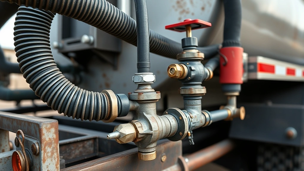how often to pump septic tank -
Photorealistic close-up of septic tank pump truck hose connection and valve sys