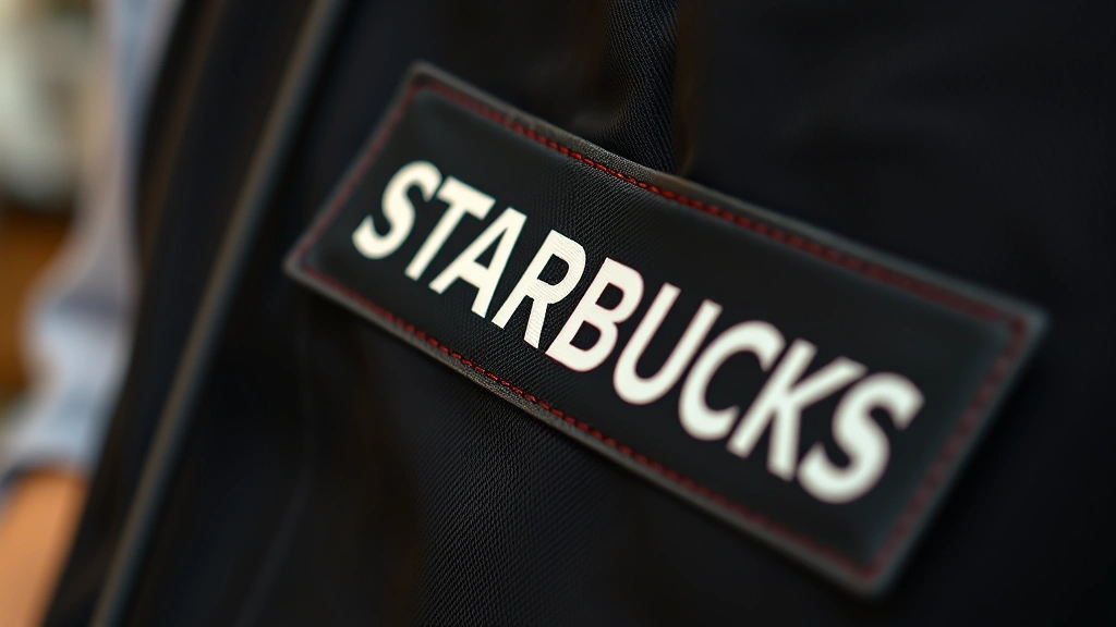 how old do you have be to work at starbucks -
Photorealistic macro close-up of Starbucks name tag on black apron fabric, shar