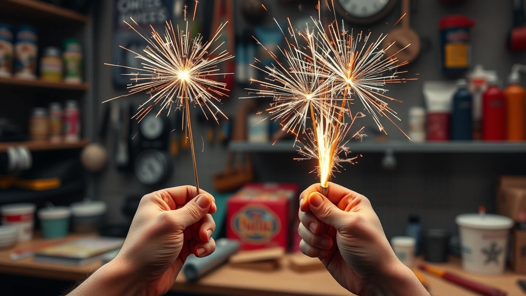 how old do you have to be to buy fireworks -
photorealistic hands holding sparklers and roman candles, workshop setting with