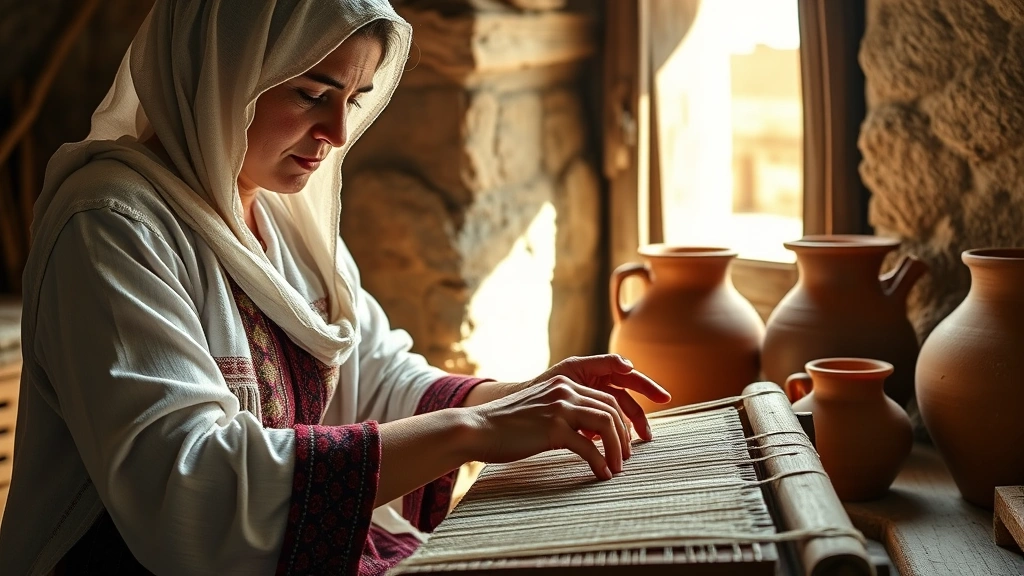 how old was mary when she gave birth to jesus -
Photorealistic hands of a young woman working at a loom or spinning wool in fir