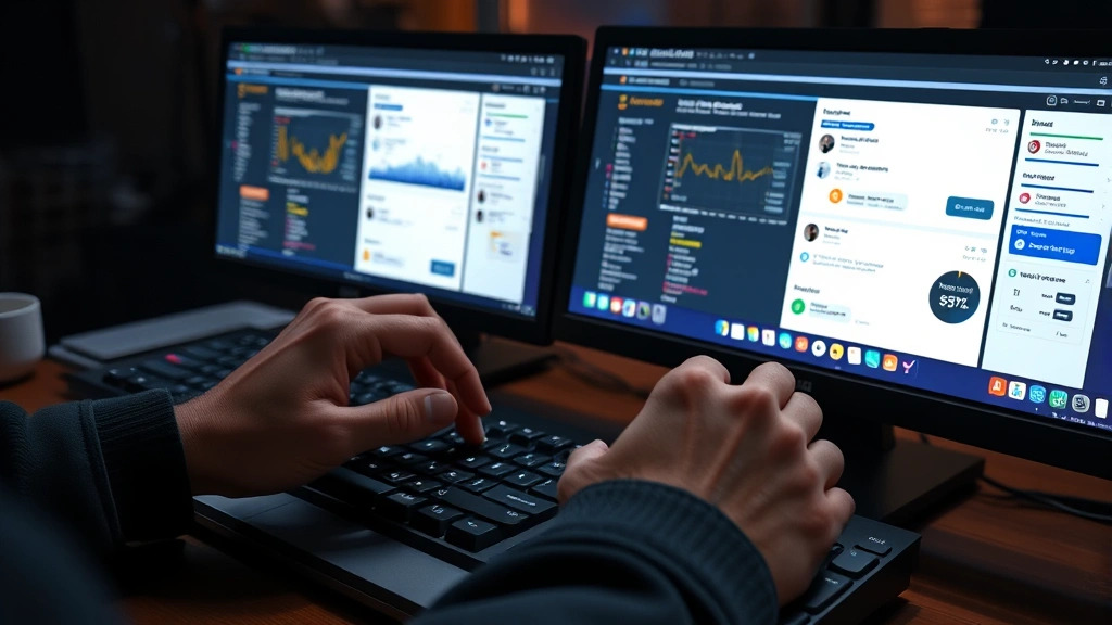 how to 2boxing -
photorealistic hands typing on mechanical keyboard with dual monitor displays s