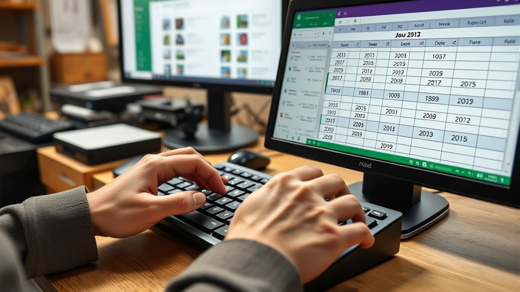 how to abbreviate a year -
Photorealistic hands typing on a keyboard entering dates into an Excel spreadsh