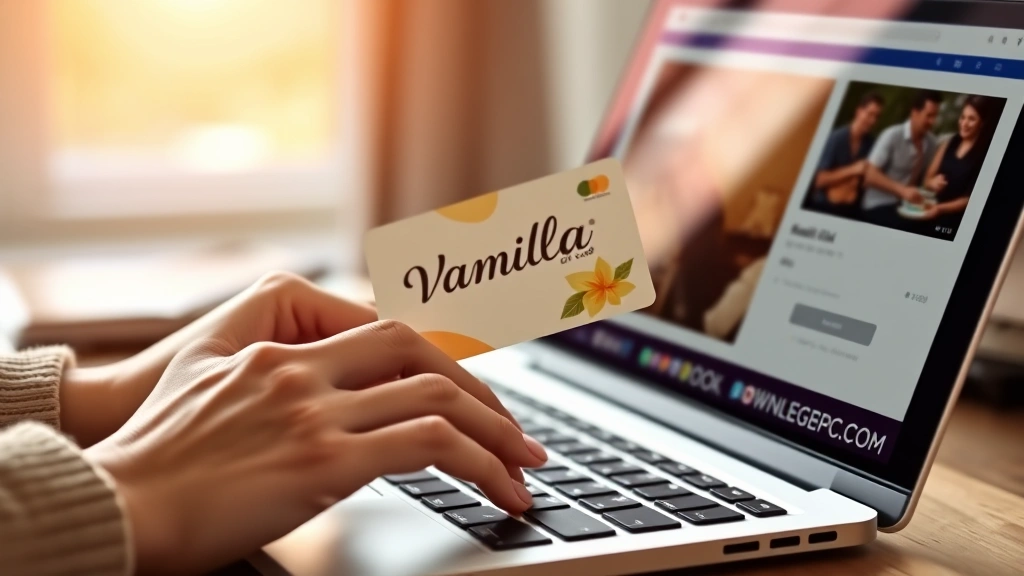 how to activate vanilla gift card -
photorealistic hands holding Vanilla gift card while typing on laptop keyboard,