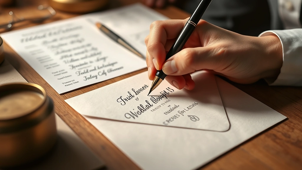 how to address wedding invitations -
Photorealistic hands writing on wedding invitation envelope with calligraphy pe