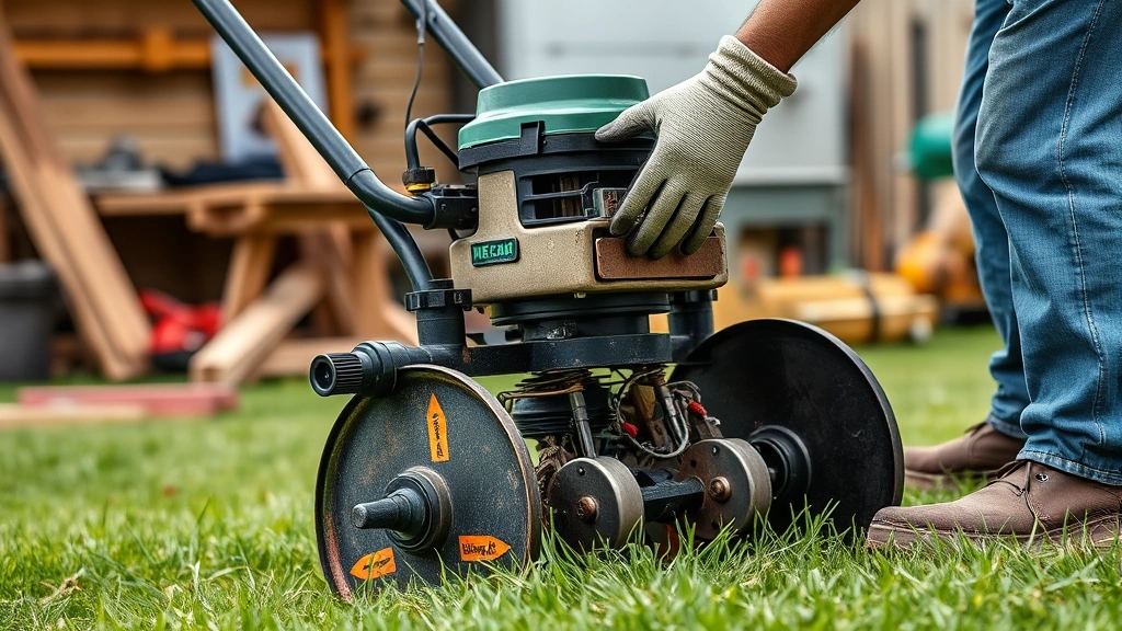 how to aerate lawn -
Photorealistic hands operating a core aerator machine on grass, workshop/yard s