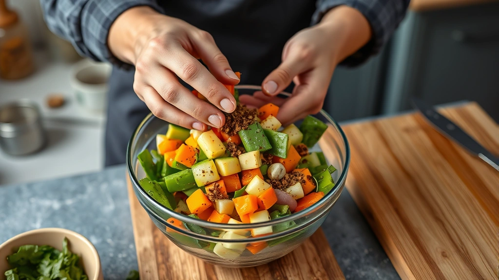 how to air fry -
Photorealistic hands tossing vegetables in a bowl with oil and seasonings befor