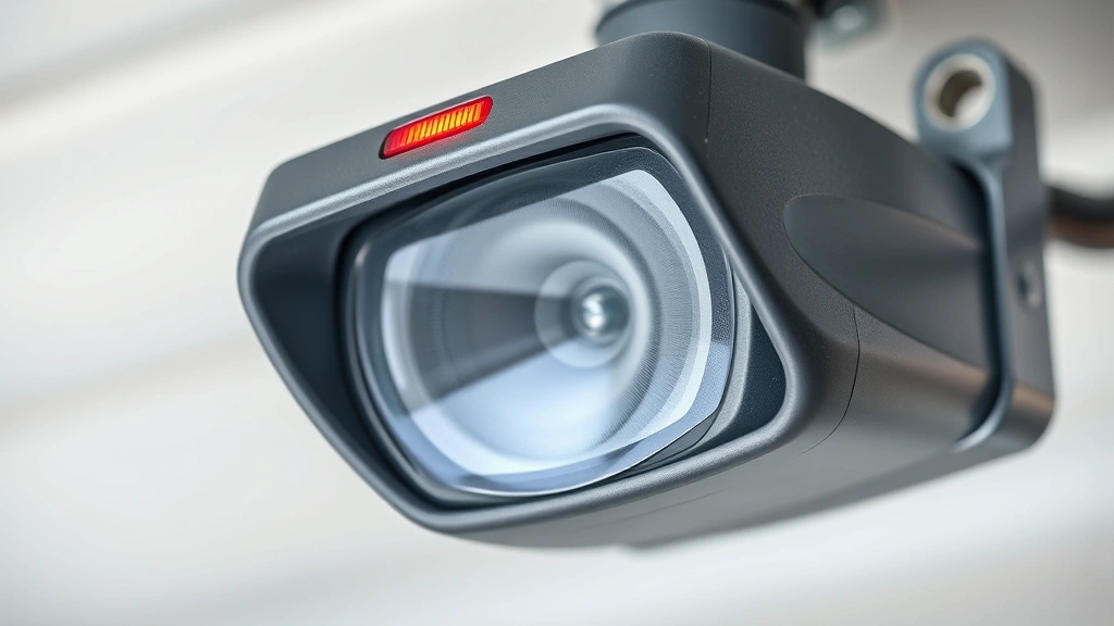 how to align garage door sensors -
photorealistic close-up macro photography of garage door sensor lens showing in