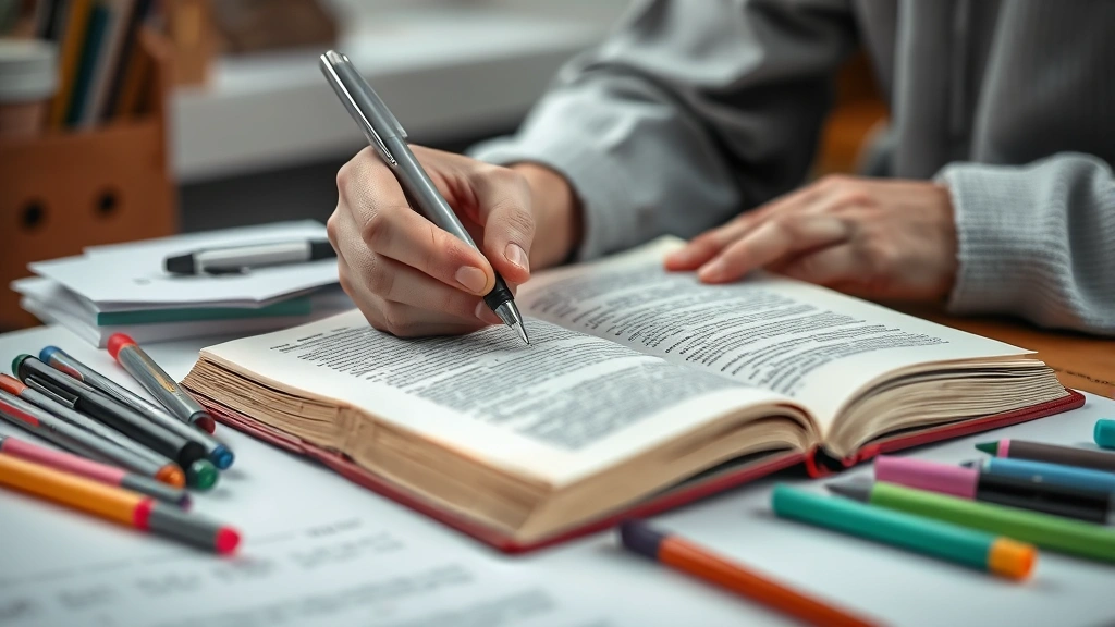 how to annotate a book -
Photorealistic hands of a reader actively annotating a book page with a fine-ti