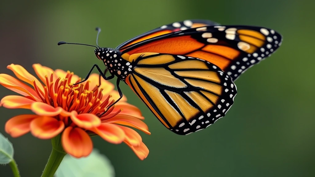 how to attract wildlife -
Photorealistic close-up macro photography of monarch butterfly on milkweed flow