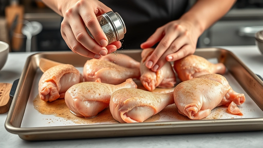 how to bake chicken drumsticks -
photorealistic hands seasoning raw chicken drumsticks on baking sheet, workshop