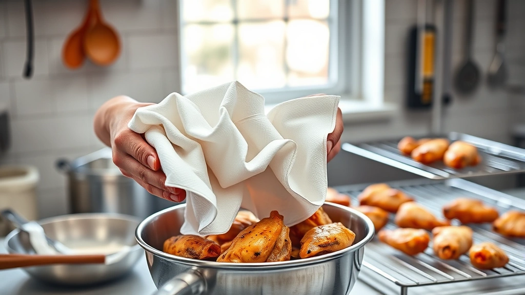 how to bake chicken wings in the oven -
Photorealistic hands working in a bright kitchen workshop setting, patting dry 
