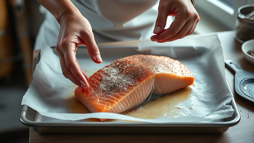 how to bake frozen salmon -
Photorealistic hands placing frozen salmon fillet onto parchment-lined baking s