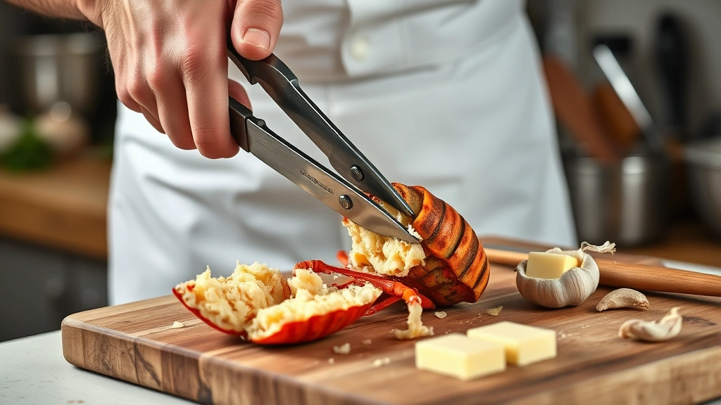 how to bake lobster tails -
Photorealistic hands using kitchen shears to split lobster tail lengthwise, mea