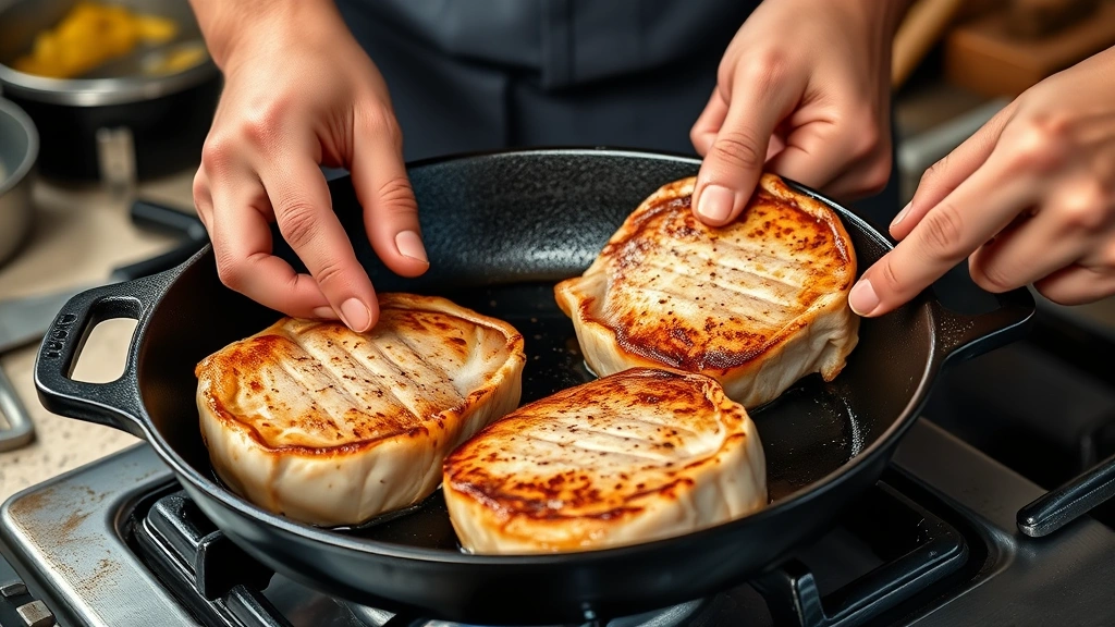 how to bake pork chops in the oven -
Photorealistic hands searing thick-cut pork chops in a cast iron skillet on sto