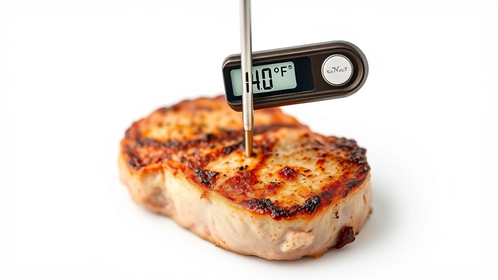 how to bake pork chops in the oven -
Photorealistic close-up macro photography of meat thermometer inserted into cen