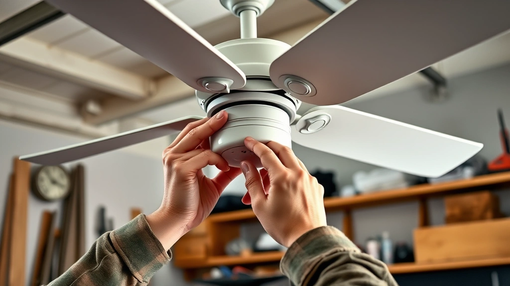 how to balance a ceiling fan -
photorealistic hands working adjusting adhesive weight on ceiling fan blade, wo