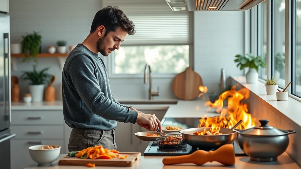 how to be a better boyfriend -
photorealistic image of a man cooking dinner in a modern kitchen
