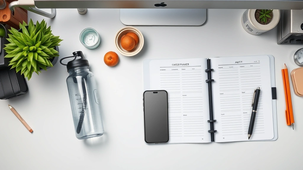 how to be change -
photorealistic overhead shot of a organized desk setup with phone set aside fac