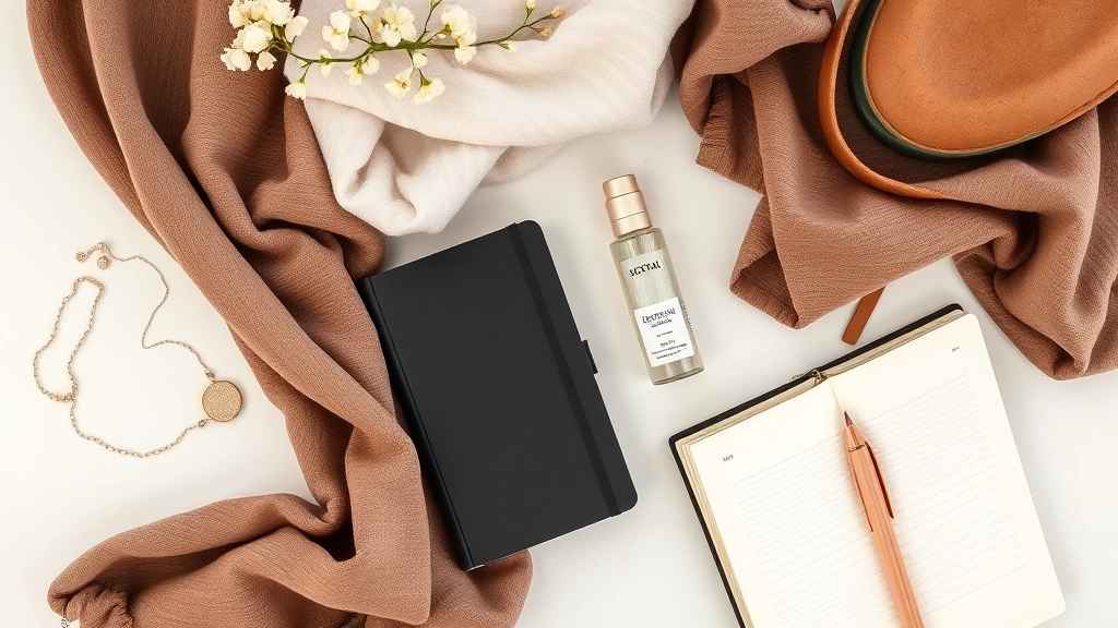 how to be more feminine -
photorealistic overhead shot of a thoughtfully curated personal style flatlay i