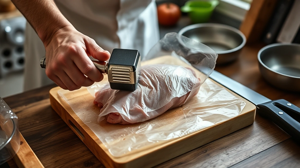 how to beat your meat -
Photorealistic hands working with meat mallet striking chicken breast between p