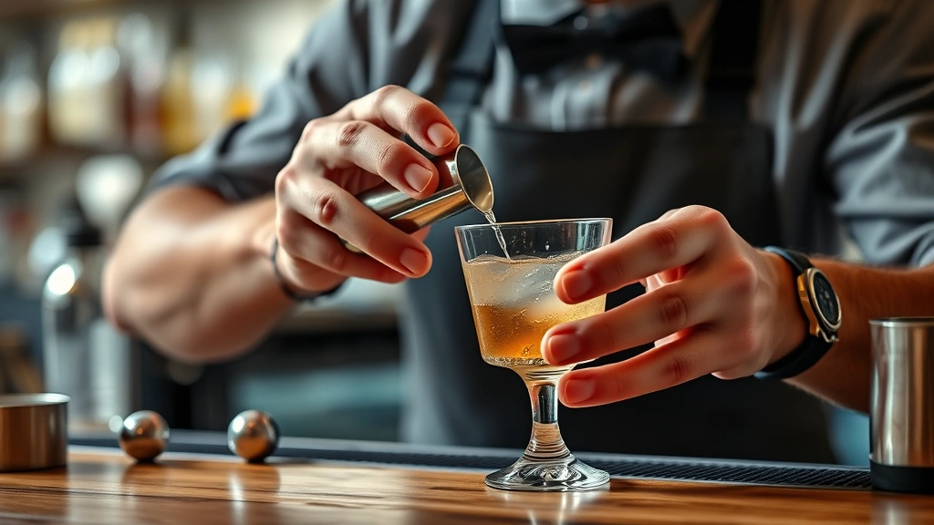 how to become a bartender -
Photorealistic hands of bartender measuring and mixing cocktail ingredients usi
