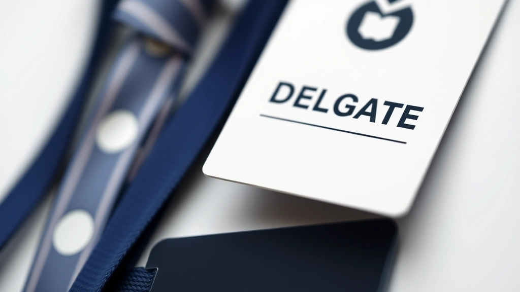 how to become a delegate -
Photorealistic close-up macro shot of an official delegate credential badge or 