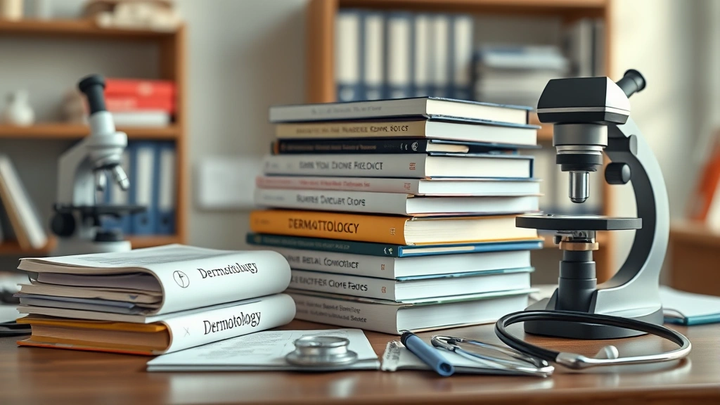 how to become a dermatologist -
Photorealistic image of medical textbooks and dermatology reference materials s