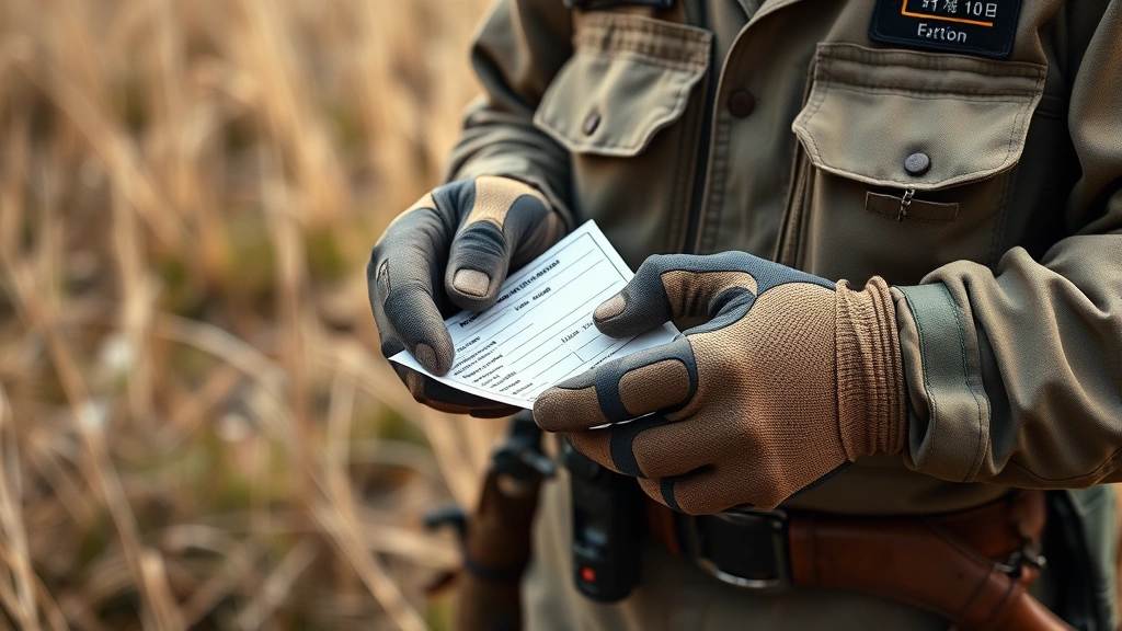 how to become a game warden -
Photorealistic hands of game warden checking hunting license and catch with hun