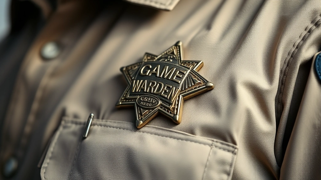 how to become a game warden -
Photorealistic close-up of game warden badge and credentials on uniform, macro 