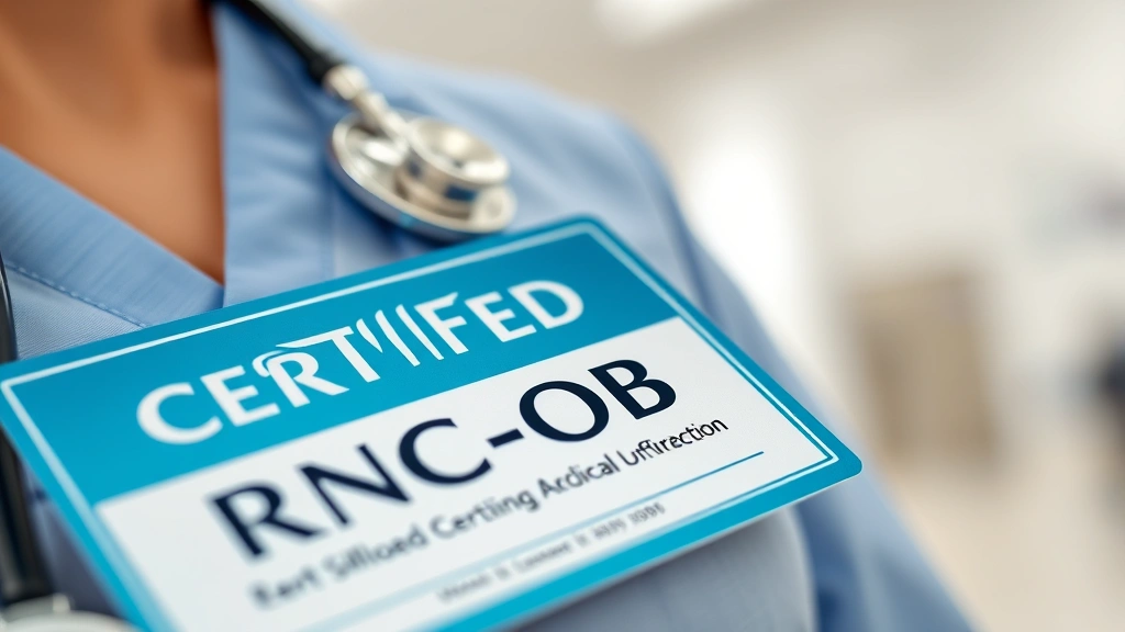 how to become a labor and delivery nurse -
photorealistic close-up of certified nursing credential badge and RNC-OB certif