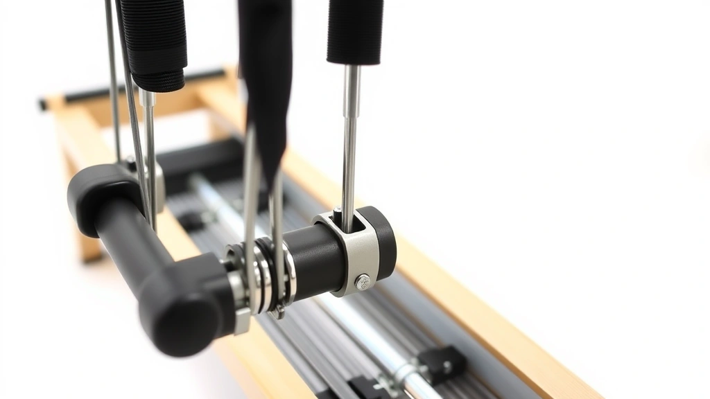 how to become a pilates instructor -
photorealistic close-up of pilates reformer machine detail showing footbar and 