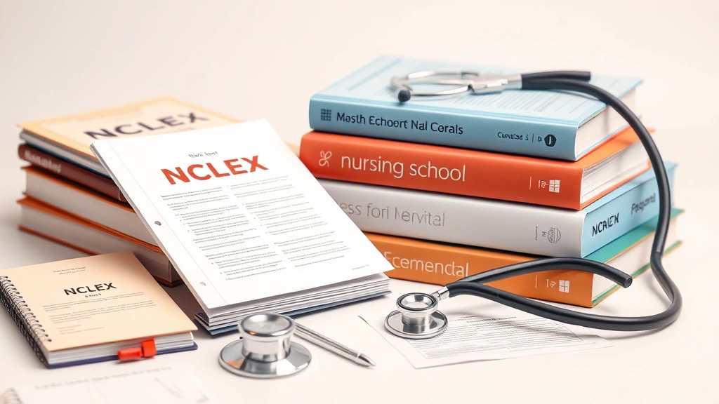 how to become a registered nurse -
Photorealistic macro photography of nursing school textbooks, stethoscope, NCLE