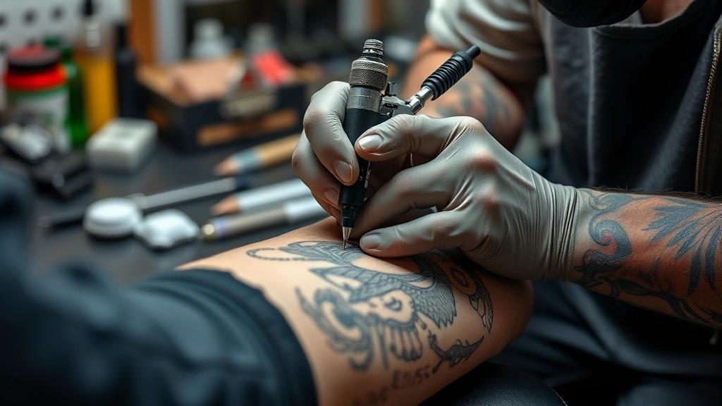 how to become a tattoo artist -
photorealistic hands of tattoo artist working on client’s arm, tattoo gun
