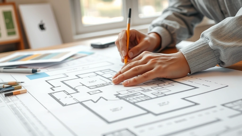 how to become an interior designer -
Photorealistic hands of designer working on floor plan using ruler and pencil a