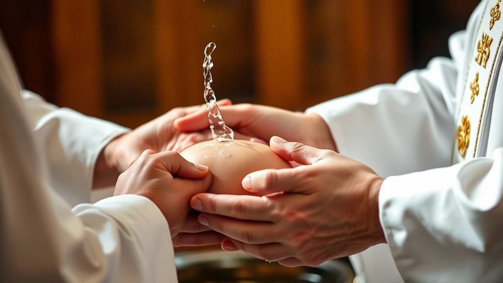 how to become catholic -
photorealistic hands of priest and convert during baptism ceremony, water being