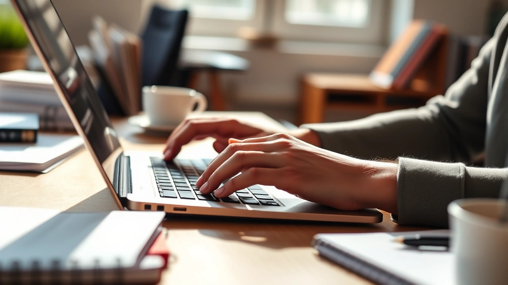 how to become famous -
Photorealistic hands typing on laptop keyboard in a creative workspace, surroun