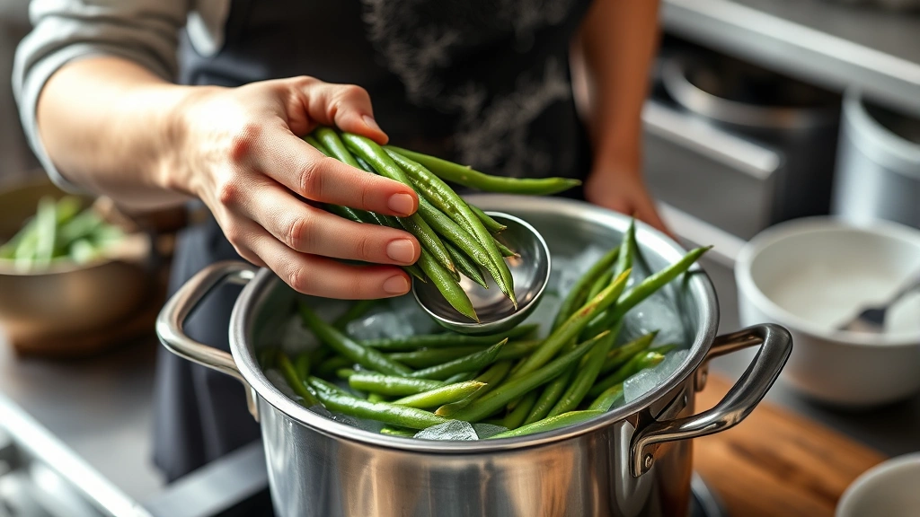 how to blanch green beans -
photorealistic hands working, female hands transferring steaming green beans fr