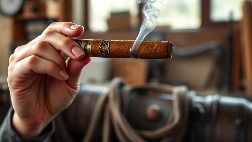 how to blow smoke rings -
Photorealistic hands holding a cigar with mouth positioned in O-shape, demonstr