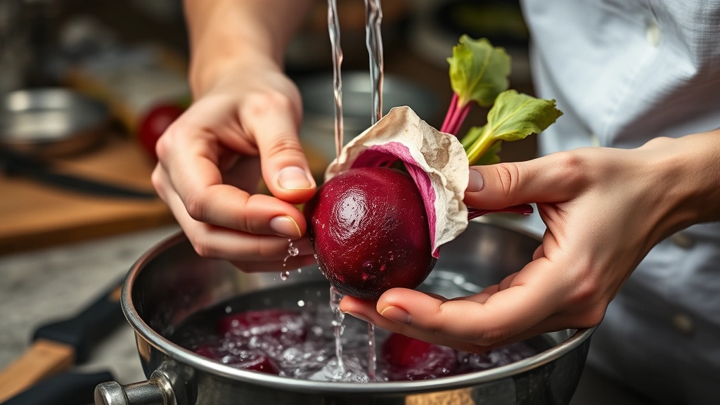 how to boil beets -
Photorealistic hands working showing someone peeling a warm boiled beet under c