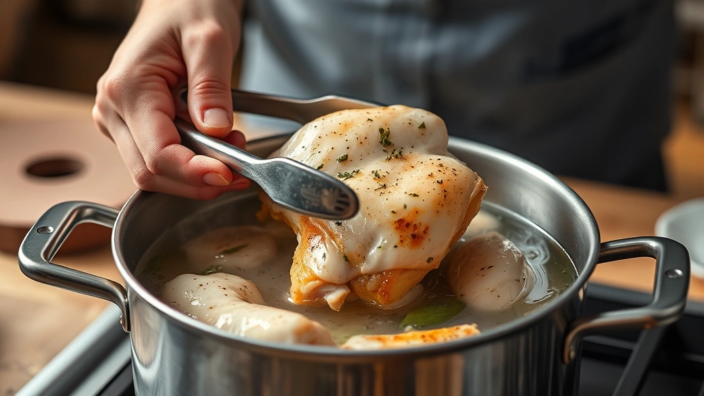 how to boil chicken breasts -
photorealistic hands using tongs to remove cooked chicken breast from simmering