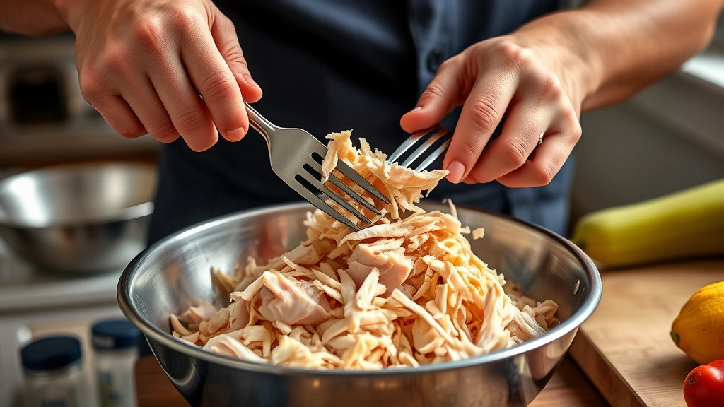 how to boil chicken for dogs -
Photorealistic hands carefully shredding cooled boiled chicken with two forks o