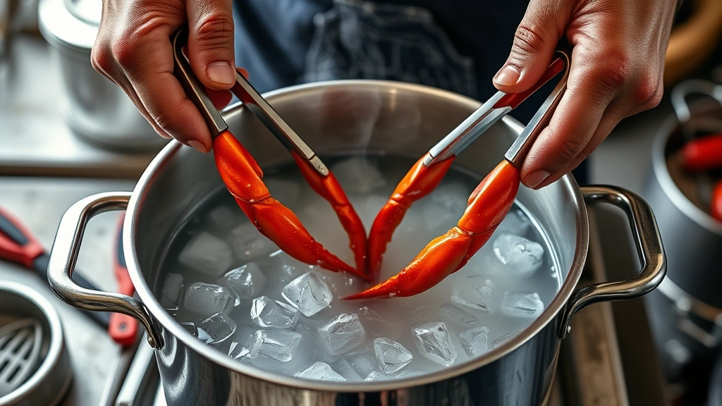 how to boil crab legs -
Photorealistic hands using metal tongs to carefully lower bright red crab legs 